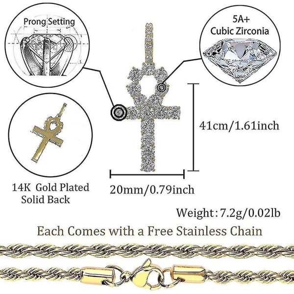 14k guldpläterad Iced OutDiamondCross Egyptian hängsmycke för män och kvinnor med 24 rostfritt stålkedja halsband Gold
