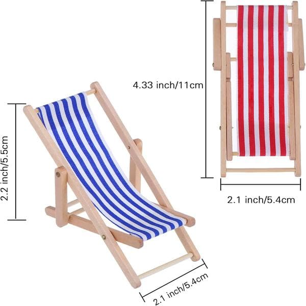 2 stk. 1:12 Miniatyr Tre Sammenleggbare Strandstoler Solstoler