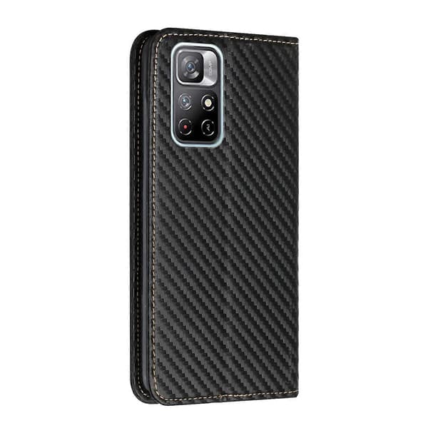 Til Xiaomi Redmi Note 11 5G CN Version Kulfibertekstur Flip Holder Læder Telefoncover Black