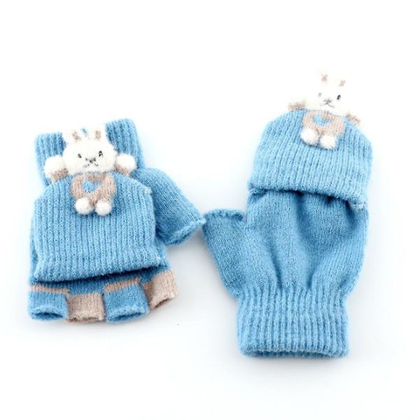 Strikkede hansker Vinter plysj halvfinger votter med flip topp barnehansker Light Blue