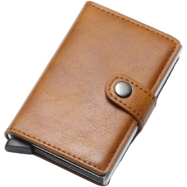 Kreditkortholder RFID-blokerende læder automatisk pop-up pung aluminium slanke lomme bifold visitkortholder med knap brown