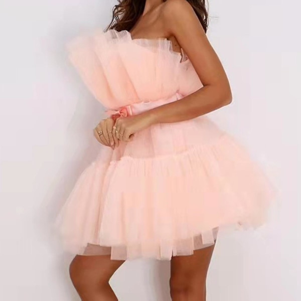 Kvinnor Tyllklänning Ärmlös kort klänning Solid Mesh Princess Steapless Party Dress_y Pink 38