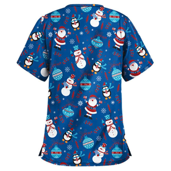 Jul Kvinder Sygepleje Uniform Scrub Kortærmet T-shirt Xmas Bluse Tee Toppe-m-mørkeblå