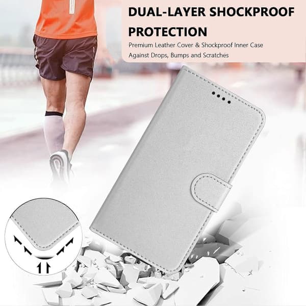 Kompatibel med iPhone 16 Plus Läderfodral Plånboksställ Enfärgad Anti-fall Telefonfodral Silver