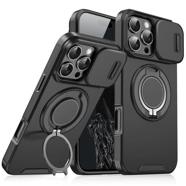 Magnetiskt Ringstativskal för iPhone 15 Pro Max med Skjutbart Linsskydd, Svart