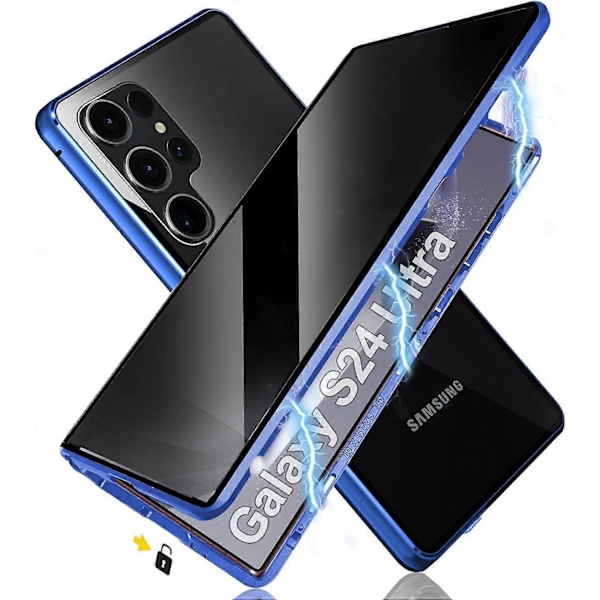 Privacy Magnetfodral för Samsung Galaxy S24 Ultra/S24 Plus/S24 med Säkerhetslås, Magnetiskt Dubbelsidigt Härdat Glas Telefonfodral, Stöder Trådlös Laddning Blue S24