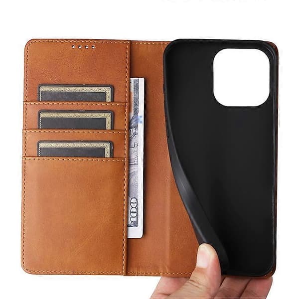 Kompatibel med iPhone 15 Plus / 14 Plus Fodral RFID PU Läder Plånboksstativskydd Brown