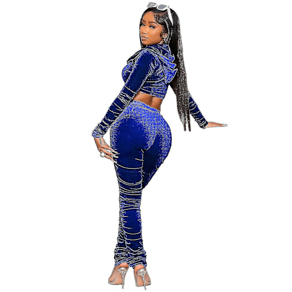 Naisten Sametti Tracksuit Set Seksikäs 2-osainen Asuste Vetoketjullinen Huppari Blue M