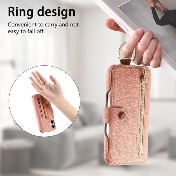 Läderfodral för iPhone 16 Pro Max/16 Pro/16 Plus/16, Handledsrem Flipfodral med Ring RFID-Blockering Blixtlåsplånbok
