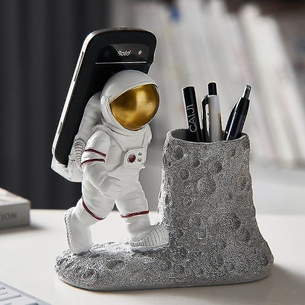 Statue Astronaut Penneholder med Mobiltelefonholder, Resin Mobiltelefonholder for Astronaut Pen Home O