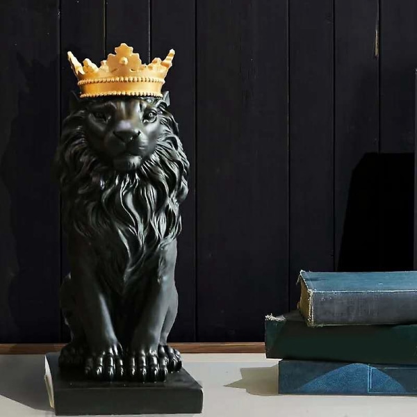 Crown Lion Statue Hjemmekontor Bar Mann Løve Tro Harpiks Skulptur Håndverk Dyrekunst Dekor Ornament black