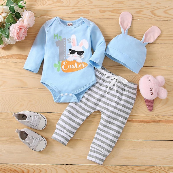 Min första påskoutfit Spädbarn Baby Boys Girls Långärmad Romper Randiga byxor med kaninöronhatt Påskkläder Set 3-6 Months