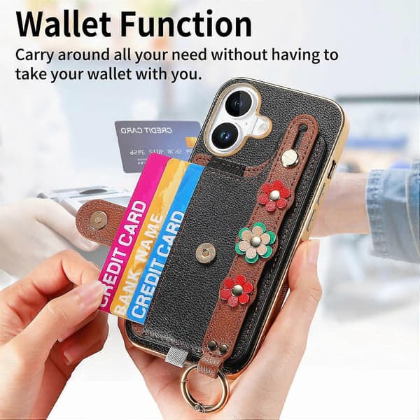 Læderbagcover med kortholder til iPhone 16 Plus, 3D blomsterarmbånd - Grøn Multicolor Black