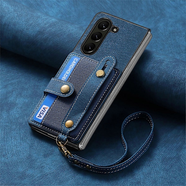 Fodral för Z Fold 6, Läderplånboksfodral för Samsung Galaxy Z Fold 6 med Kortfack & Armband, Stötsäkert Skyddande Omslag Blue