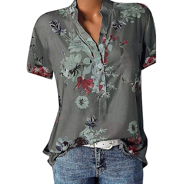 Blommiga toppar för kvinnor 2023 Button Down Mode Casual Lång-/kortärmade skjortor Blus Gray 4X-Large