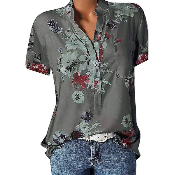 Blomstertoppe til kvinder 2023 Button Down Fashion Casual skjorter med lange/korte ærmer Bluse Gray Medium