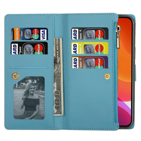 Multi-kort Slots Laser Udskæring Glitter Lynlås Læder Etui Til iPhone 14 Max Sky Blue