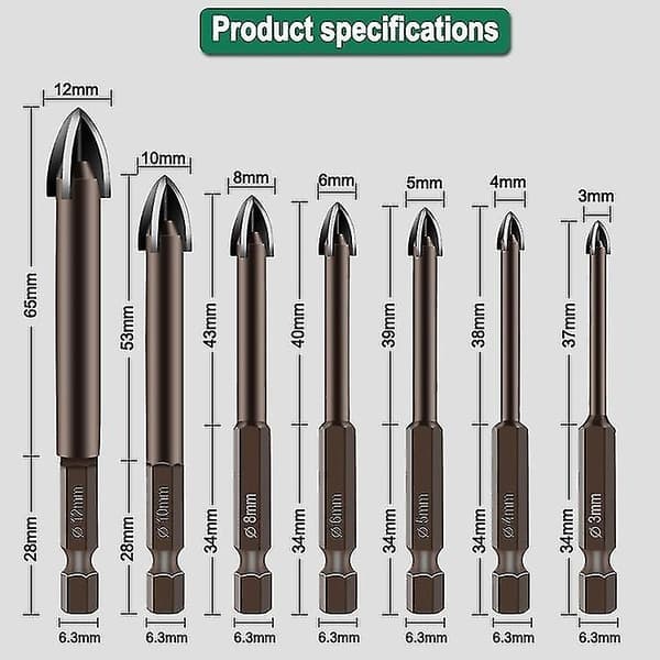 Universal Drill Bits, legering Triangular Drill Bits Hexagonal Cross Tile Bits Glass Keramisk Betong Vegg Cutter(farge:brun)( 7 Pcs)