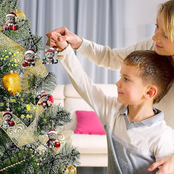 Juletræskattehæng, 2D Akryl Julekat Juletræshængende Dekoration, Kattehæng Juletræ Dekoration Gaver 6pcs -A