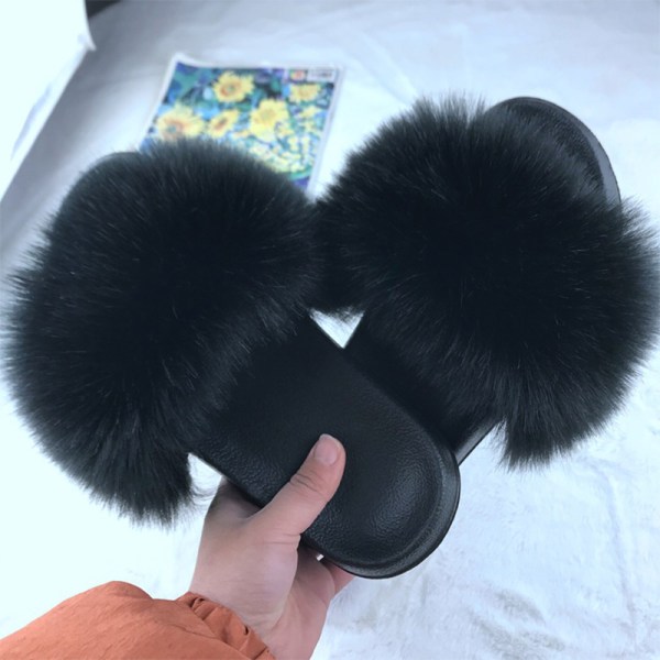 Kvinder Komfortable Fluffy Faux Fur Flat Sliders Slippers Sandaler Black 37