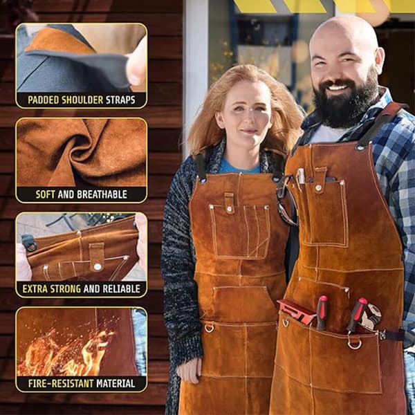 Professional Leather Welding Apron for Men with 6 Pockets. Durable Welding Apron with Flame Retardant and Blacksmith Protection.
