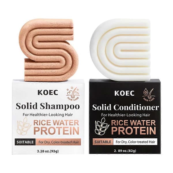 Risbar Shampoo & Balsam Sæt til Hårvækst - Solid Shampoo & Balsam Bar Sæt til Styrkelse af Hår - Risvand Shampoo Bar & Balsam Rice Shampoo + Conditioner