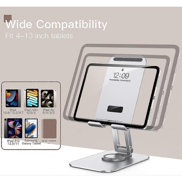 Justerbart 360° Roterande Tabletstativ för Galaxy Tab A8/A7 Lite/S8/S7, Vikbart Telefon- & Tabletthållare (4-13\"), Silver