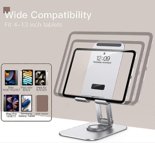 Justerbart 360° roterende tabletstativ til Galaxy Tab A8/A7 Lite/S8/S7, sammenklappeligt telefon- og tabletholder (4-13\"), sølv