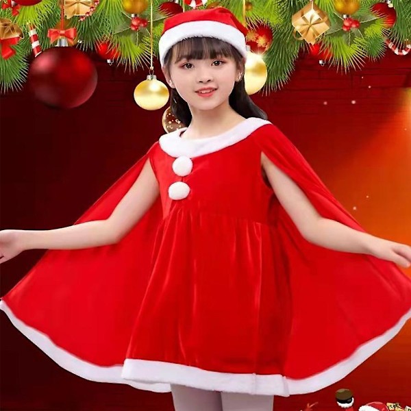 Julebarn Jenter Fløyel Kappe Kjole Med Gutteshorts Nissehue Antrekk Fancy Dress Xmas Fest Nissemann Cosplay Kostyme 140cm