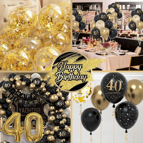 40. Mand Kvinder Fødselsdagsfest dekorationer, Tillykke med fødselsdagen Garland Ballon Sort Guld Dekoration