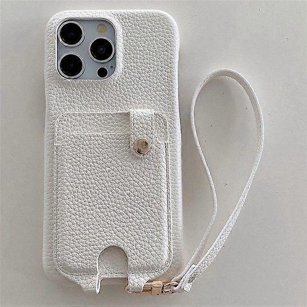 Fodral för iPhone 16 Pro Max, multifunktionella kortfack, läderbaksida med handledsrem White