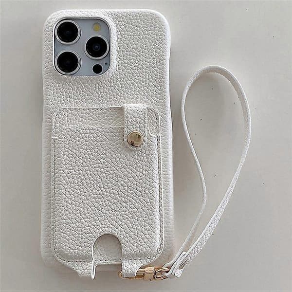 Multi-funktionelt læderbagcover med kortpladser og håndledsrem til iPhone 16 Pro Max White
