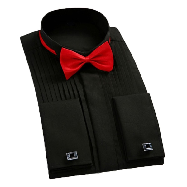 Bryllupssmokingskjorte Vingetuppkrage med sløyfe Plisseret skjorte Mansjettknapper Langermet vanlig topp for menn Black 38