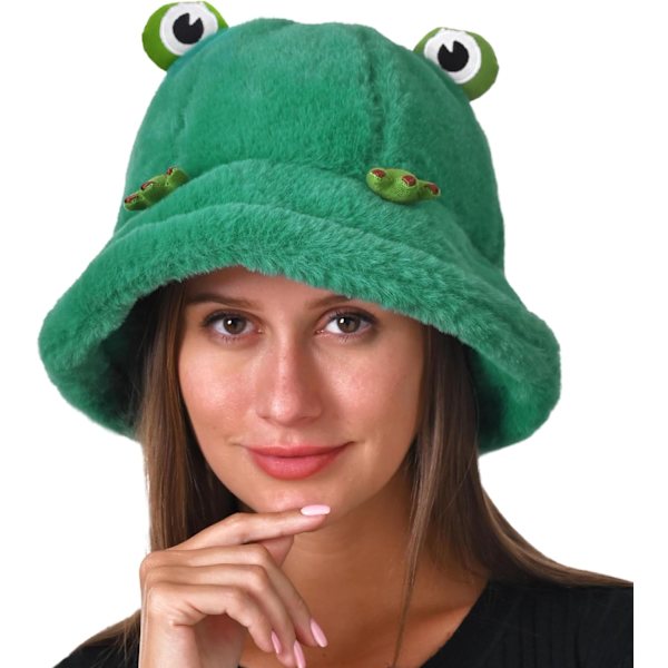 Fuzzy Bucket Hat för Kvinnor och Män - Luddig, Söt Bucket Hat för Vinter, Varm Plysch, Fiskehatt, Fluffig Sherpa, Rolig Hatt Frog-green