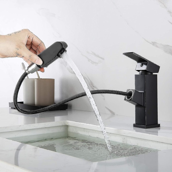 Tvättställsblandare med utdragbar spray, svart blandare för badrum, kranhöjd 18 mm Ty