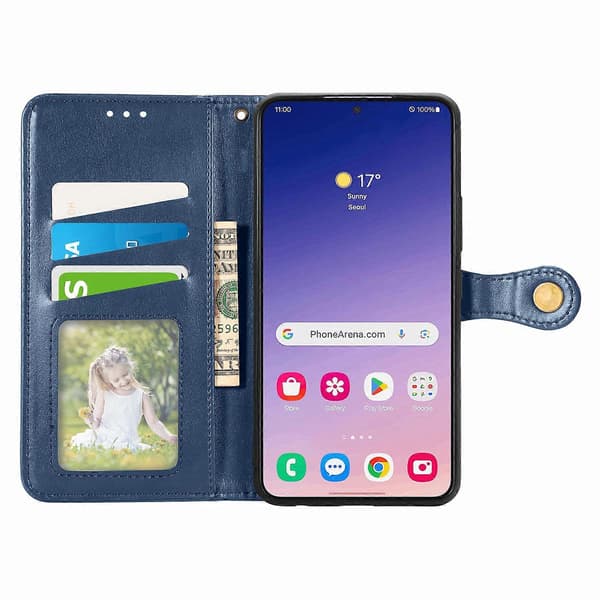 Telefonfodral för Samsung Galaxy S25, Läderfodral Plånboksställ med handledsrem Blue