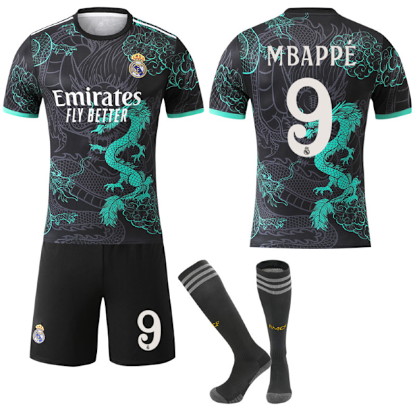 25-26 Real Madrid CF Sort Grøn Farve Special Edition NO.9 MBAPPE Trøjer Sæt Børn Voksen Fodbold Sæt med Strømper NO.9 NO.9 M
