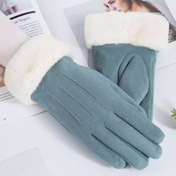 Höst- och vintervarma handskar i mocka med fleecefoder för kvinnor, tjocka utomhuscykel- och körhandskar med pekskärm Suede three-line-lake blue Average size