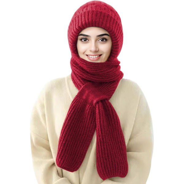 Beaniehatt med Integrerat Öron- och Vindskydd, Elastisk Stickad Tjock Varm Sammansatt Vinter Wine Red