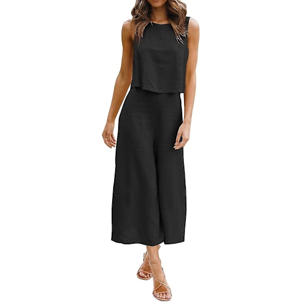 Roylamp Sommer-outfits til kvinder i 2 dele Rundhalset Crop Basic Top Beskåret Bukser med brede ben, Jumpsuits Black X-Small