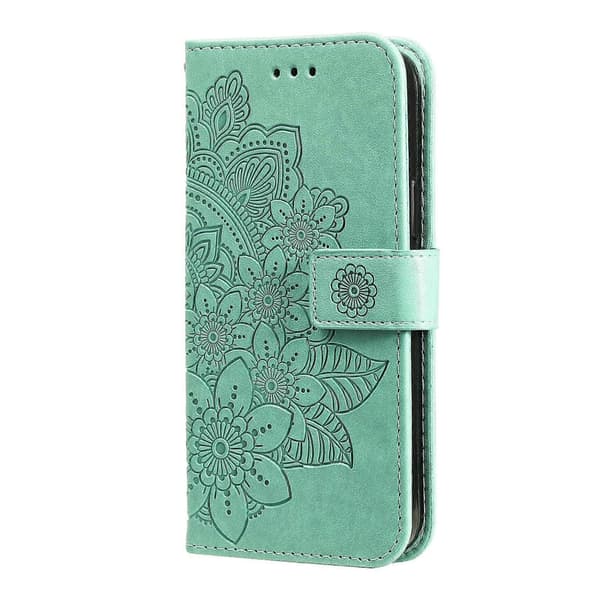 För iPhone 14 Plus 7-bladiga Blommor Prägling Läderfodral Green