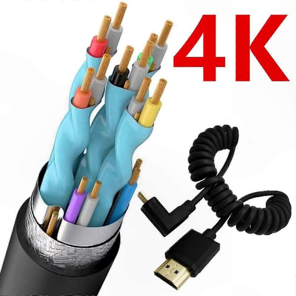 Oprullet 4K Micro HDMI til HDMI Han Forlængerkabel Høj Hastighed 10.2Gbps Micro HDMI til HDMI Kabel til DVR'er PC-enhed Bend to the left
