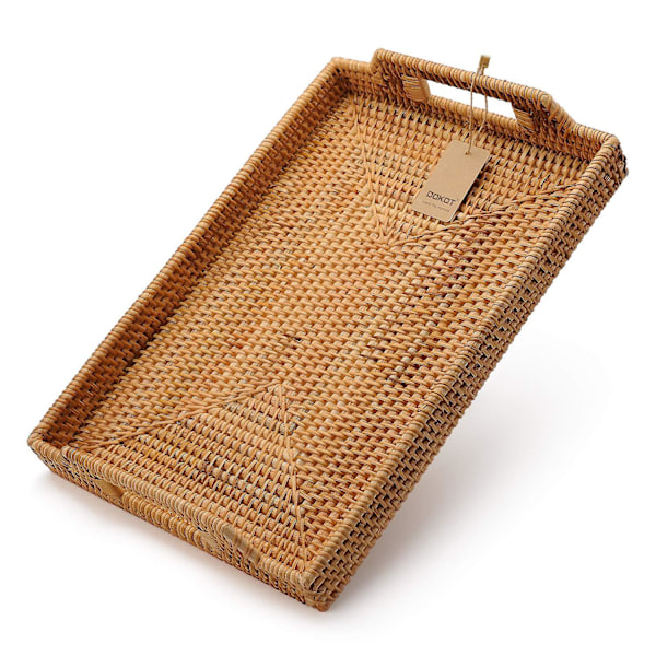 Håndvævet Rattan Rektangulær Serveringsbakke Med Håndtag Til Morgenmad, Drikkevarer, Snack Til Sofabord