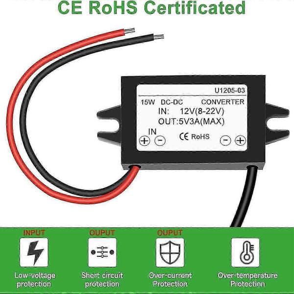 1 kpl vedenpitävä 12V - 5V 3A muunnin, Type C USB C DC-DC alennusmoduulin virtalähde yhteensopiva Raspberry Pi 4:n, matkapuhelimen, autoversion kanssa