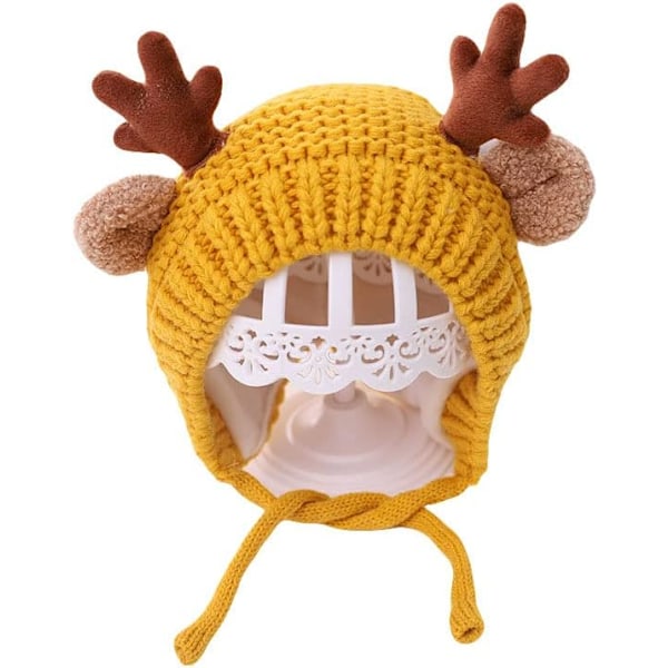 Søt Hjorte-Elg Hodeplagg Babyhatt Vinter Varmt Plysj Strikket Ørevarmer Bonnet Gutter Jenter Caps Beanie med Hakestropp Yellow One Size