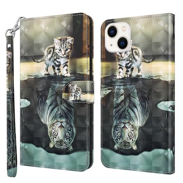 3D Maleri Mønster Flip Læder Telefon Cover Til iPhone 14 Cat Tiger