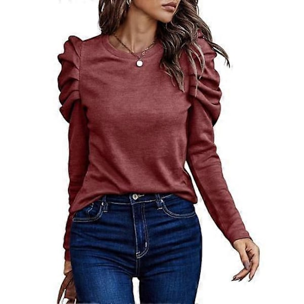 Dame Topp Skjorte Rund Hals Solid Farge Puff Erme Pullover Topp Casual Wear Lang Erme Løstsittende T-skjorte Kontor Pendler Klær Dame Klær wine red M