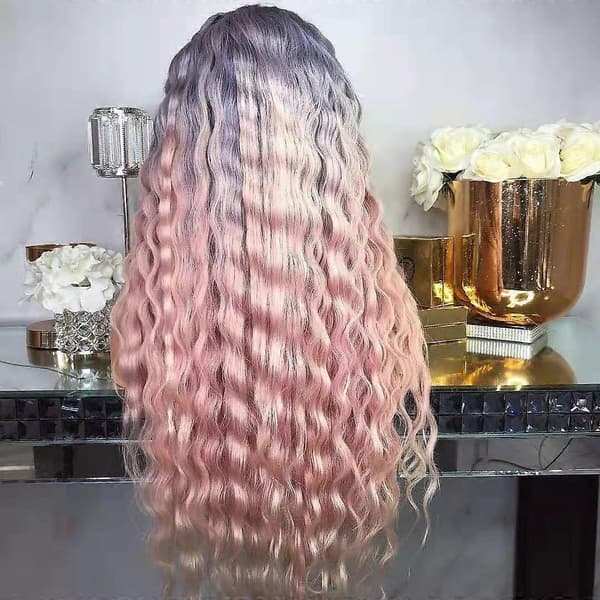 Dameparykk Svart Gradient Blå Rosa Maiskrøller Lang Rull Hodeplagg W507