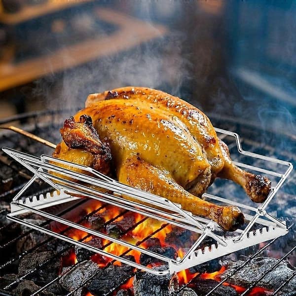 Justerbart sammenleggbart rotisseristativ i rustfritt stål for ovnsbaking, grilling og steking grilled chicken