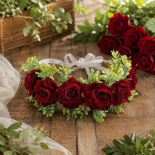 Håndlaget burgunder blomsterhårbånd blomsterkrone til bryllup brudepike med justerbart bånd